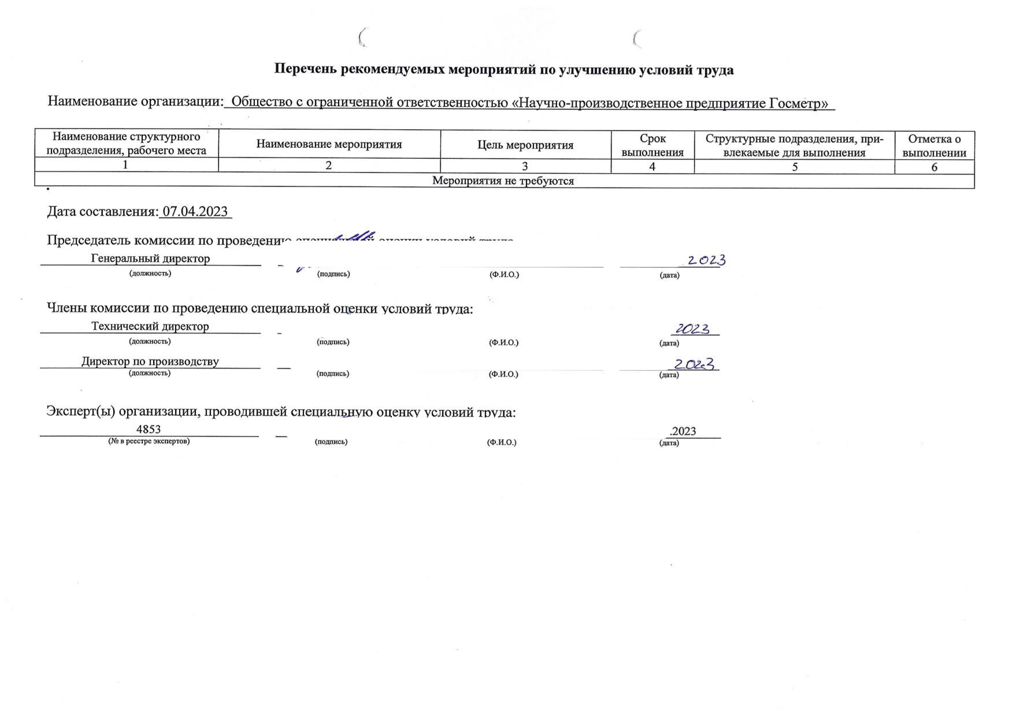 Перечень рекомендуемых мероприятий по улучшению условий труда ООО «НПП Госметр» Госметр